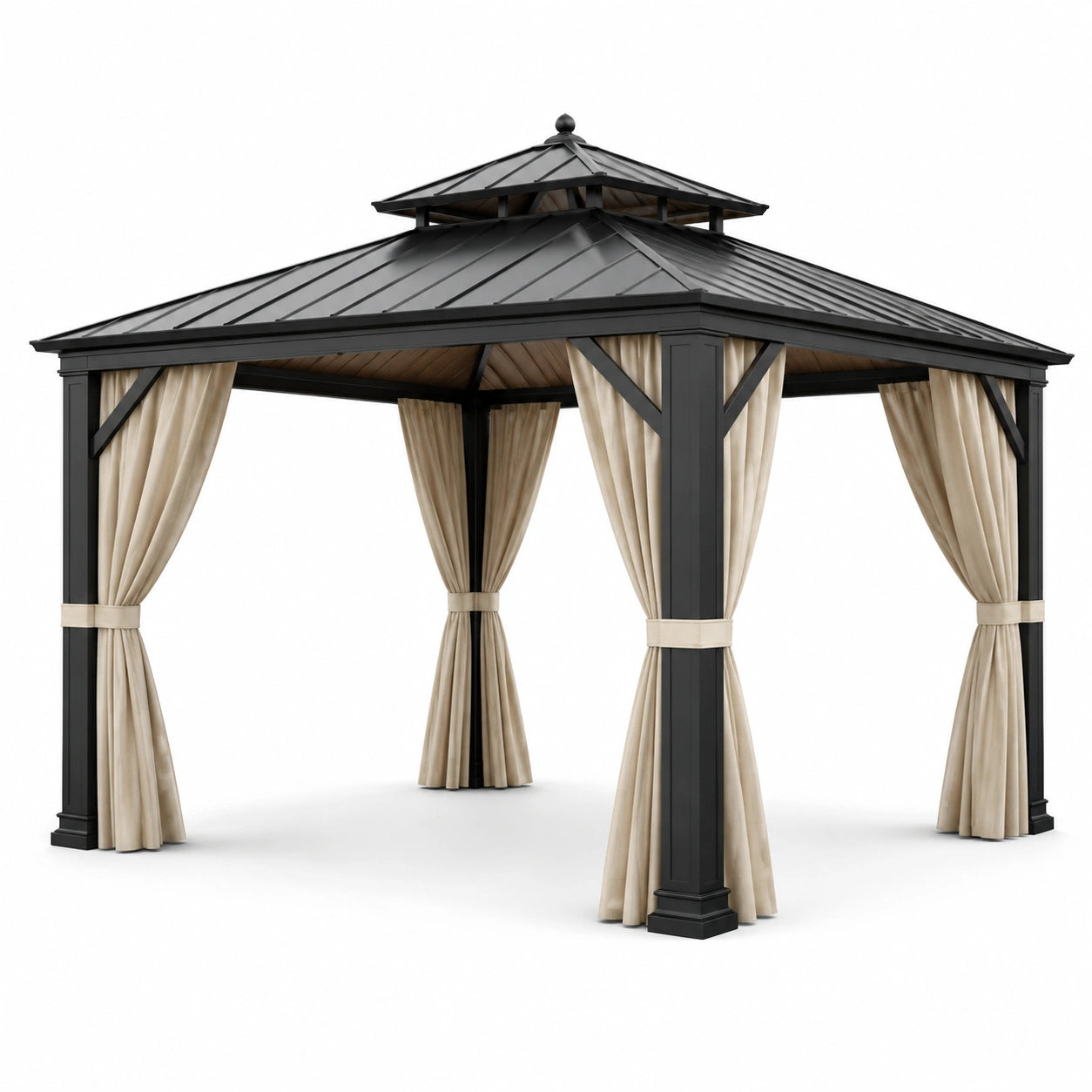 Pavillon aus Aluminium mit Stahlblechdach und Polyester Vorhängen in Schwarz/Beige