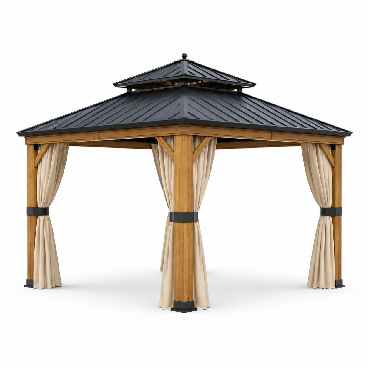 Holzpavillon mit Stahldach Schwarz Beige 300x300x300 cm
