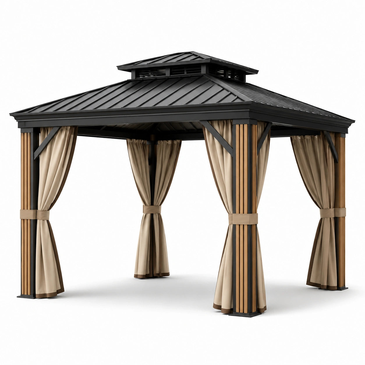 Pavillon aus Aluminium und Stahl mit Polyester Vorhängen Schwarz Beige 300x400 cm