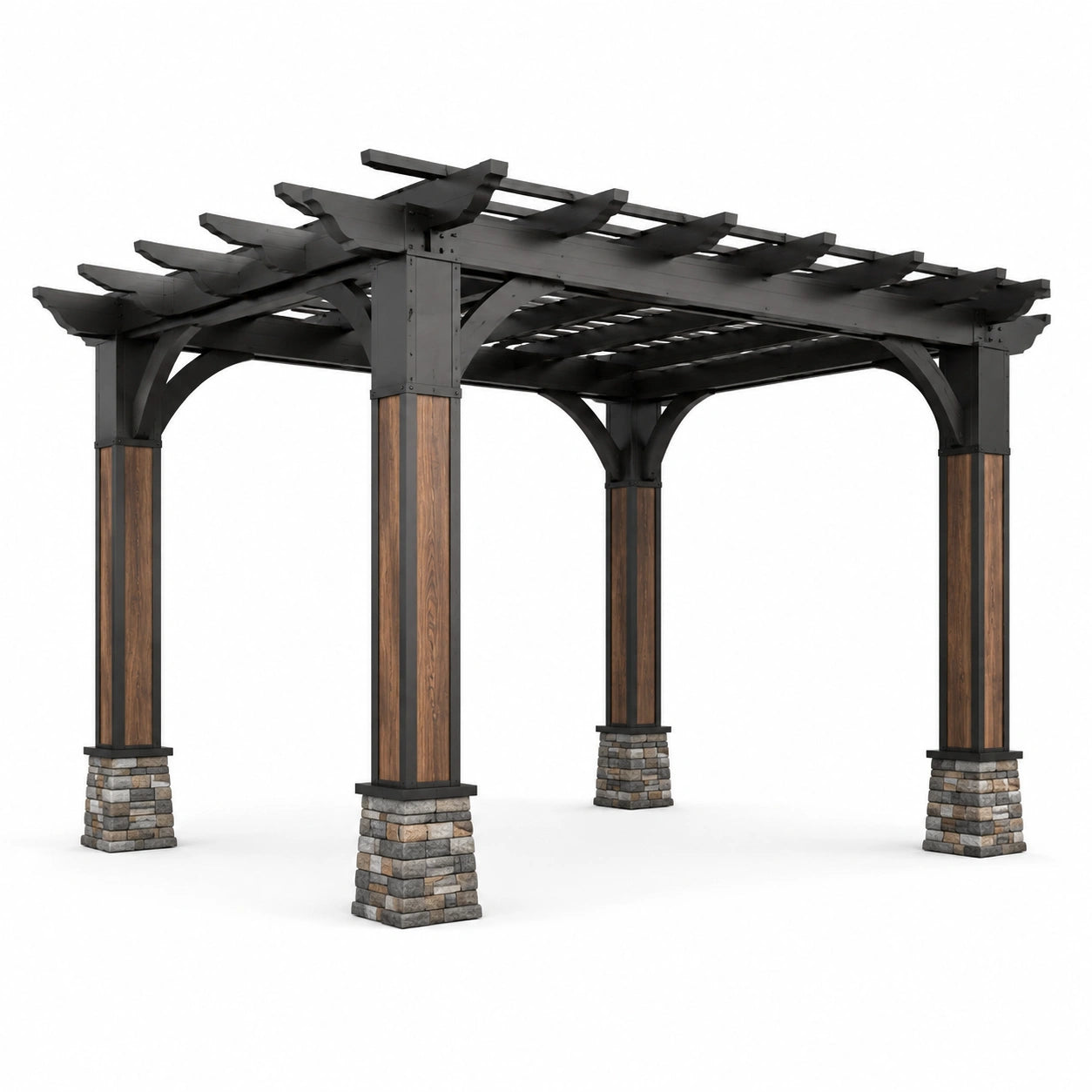 Pergola aus Aluminium, Hartholz und Naturstein, Schwarz/Braun, 300x300x250 cm