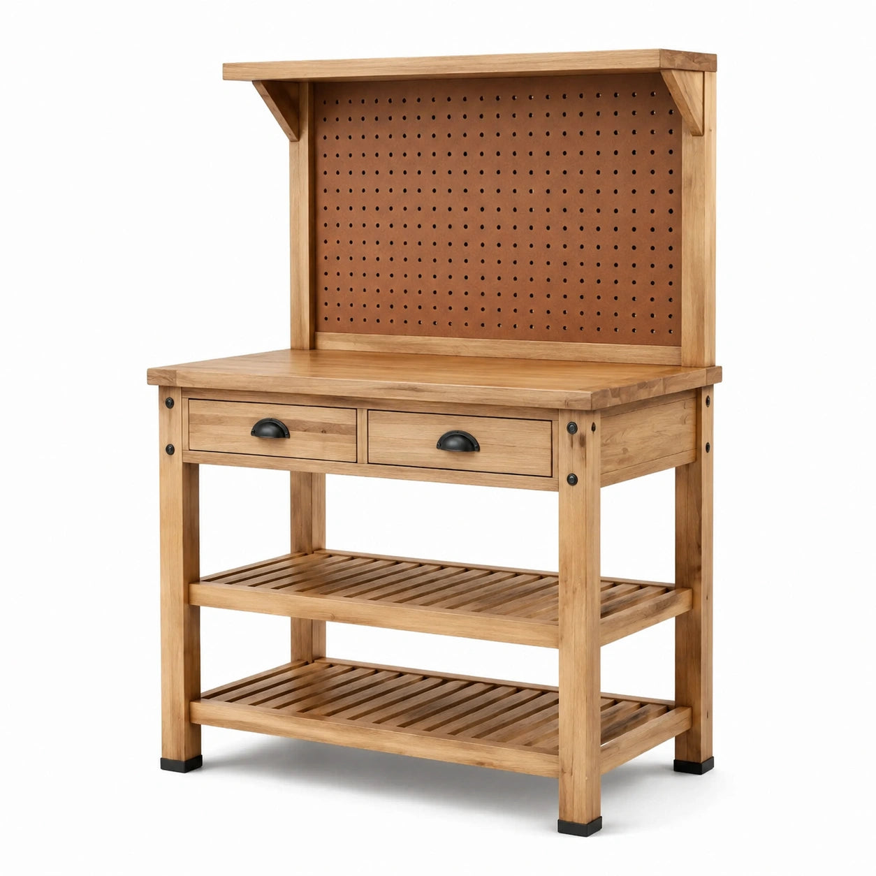 Werkbank aus Holz mit Schubladen und Lochrückwand