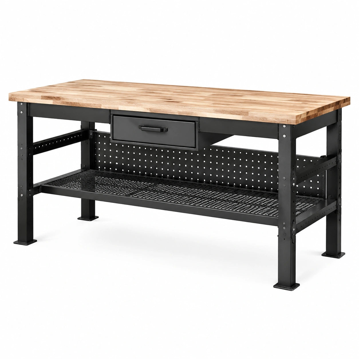 Werkbank mit Massivholzplatte und Metallschublade Schwarz 150x60x90 cm