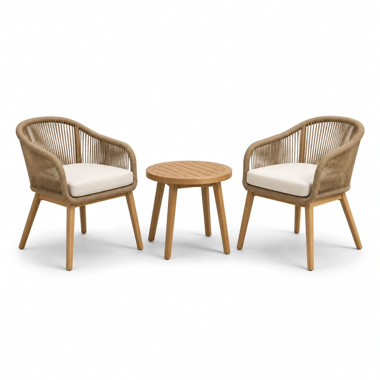 Bistro-Set aus Teakholz und Polyesterseil in Beige