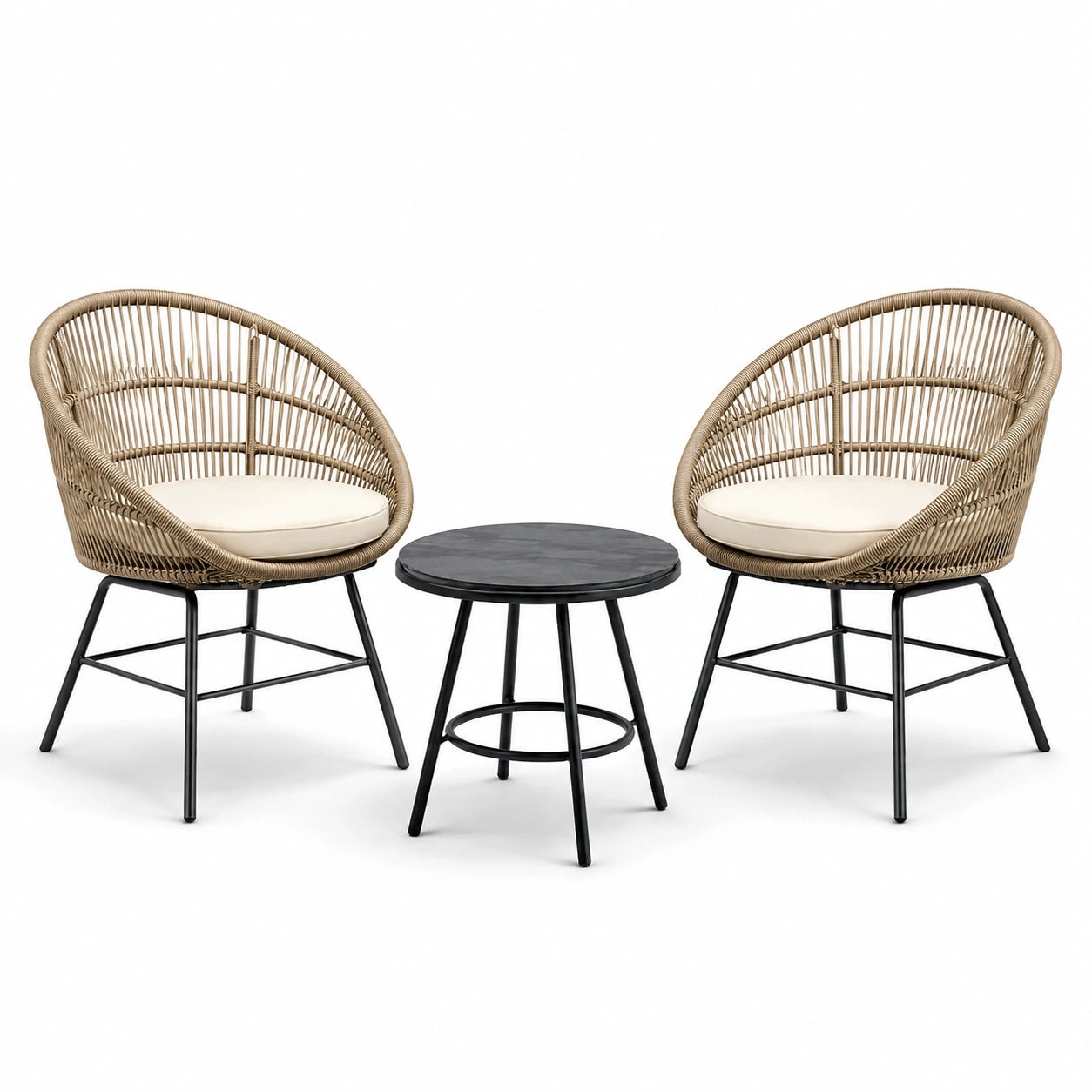 Bistro-Set aus Polyrattan und Stahl Natur Schwarz Beige