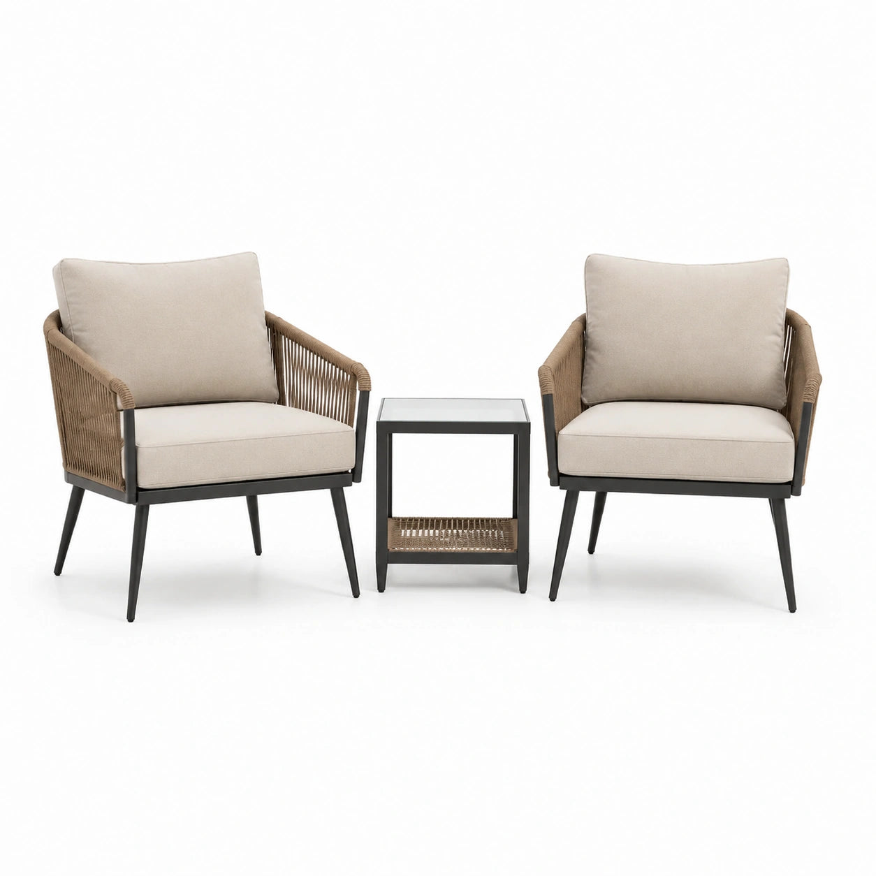 Bistro-Set mit 2 Sesseln und 1 Tisch aus Aluminium und Glas Beige/Braun