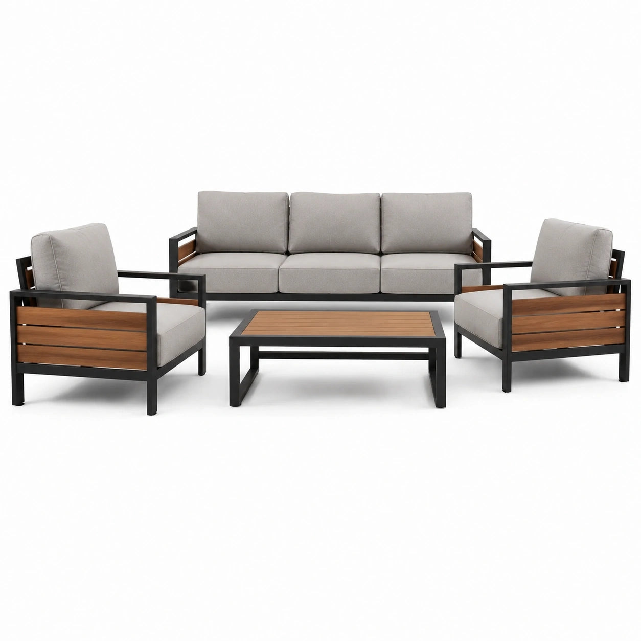 Gartenmöbel-Set aus Aluminium und Akazienholz mit Polyesterkissen, Sofa, Sessel und Couchtisch