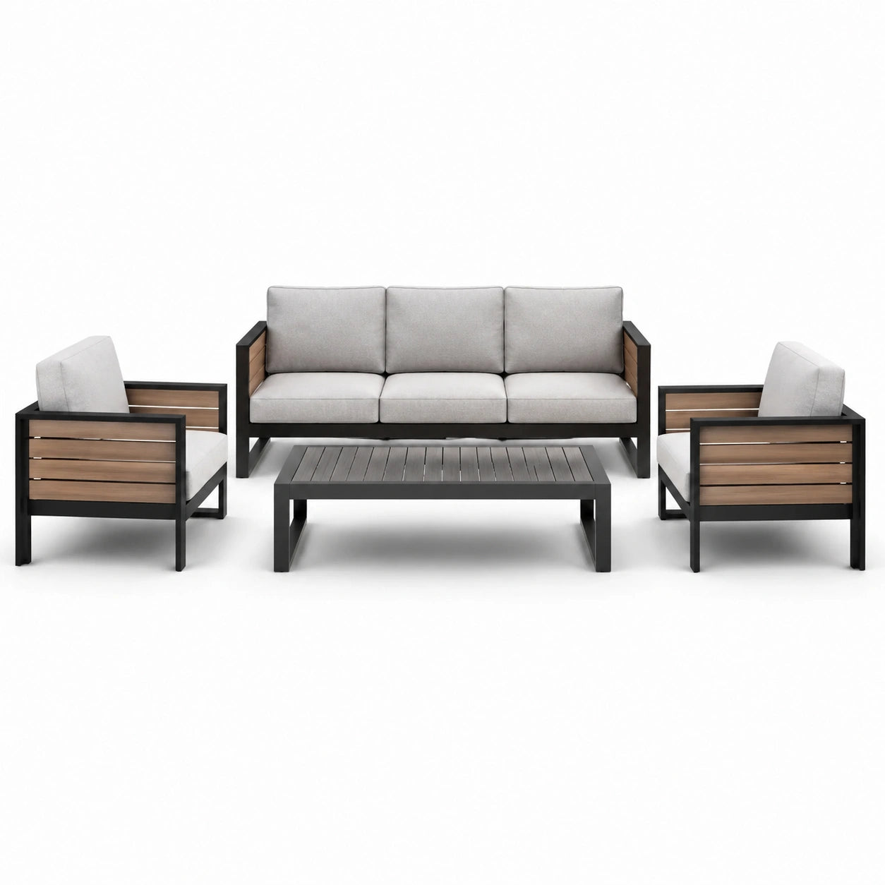 Outdoor Lounge Set Aluminium Holz Grau Sofa-Sessel Tisch