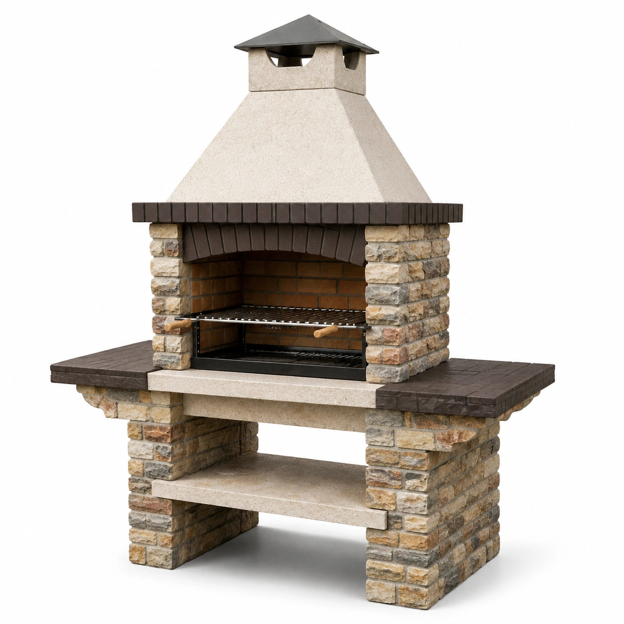 Naturstein Grillkamin aus Naturstein und Stahl, beige/braun, 200x120x75 cm