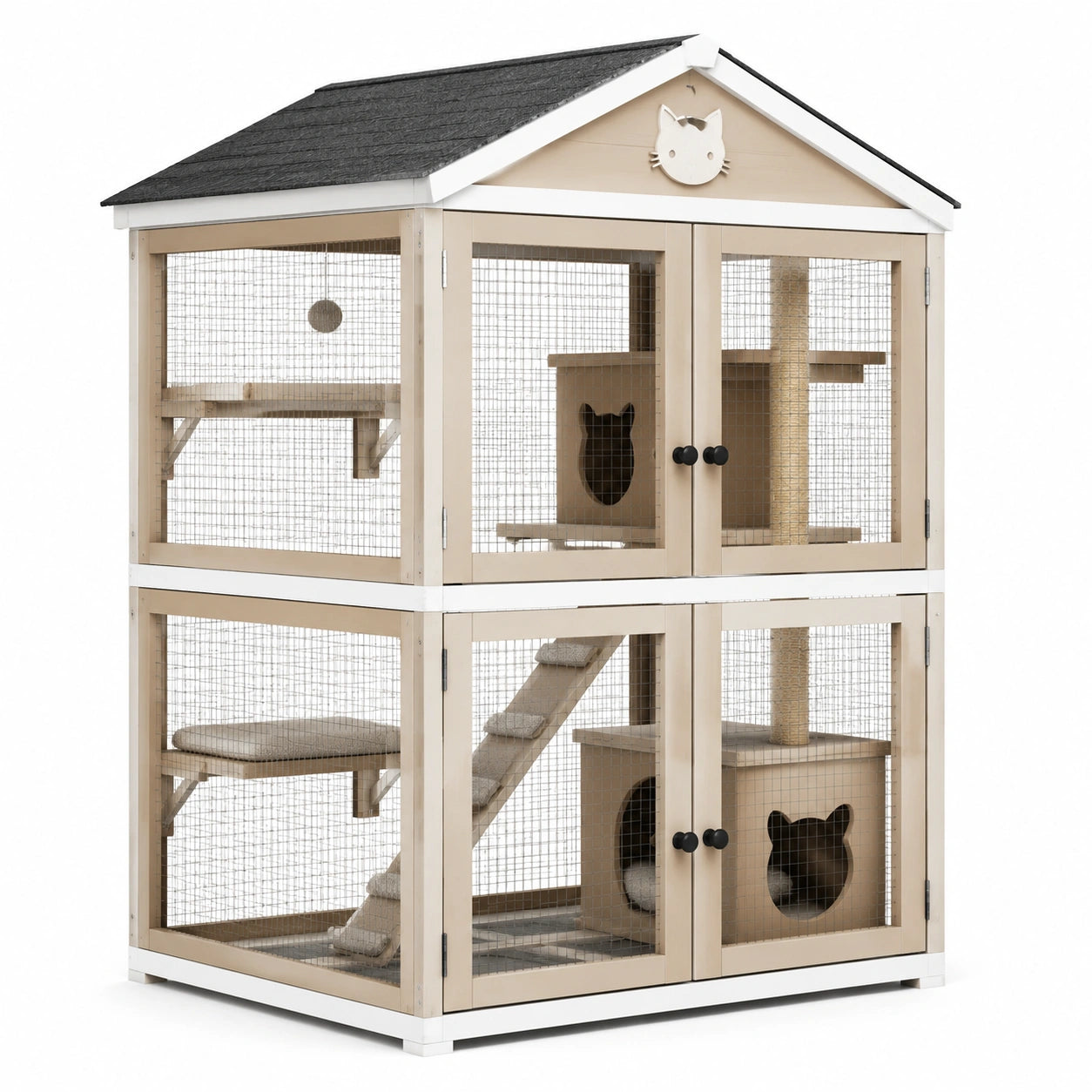 Katzenhaus aus Holz mit Drahtgitter Beige 120x60x120 cm