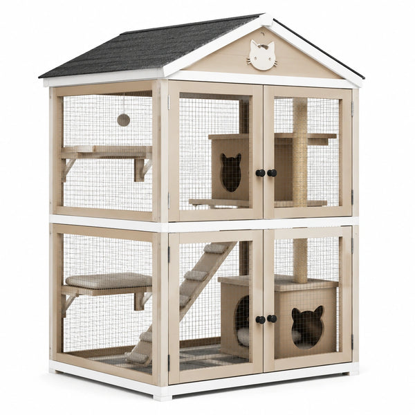 Katzenhaus aus Holz mit Drahtgitter Beige 120x60x120 cm