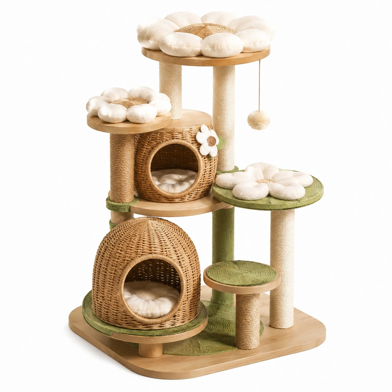 Kratzbaum aus Holz und Rattan mit Sisal, Blütenform, Beige/Grün, 120 cm