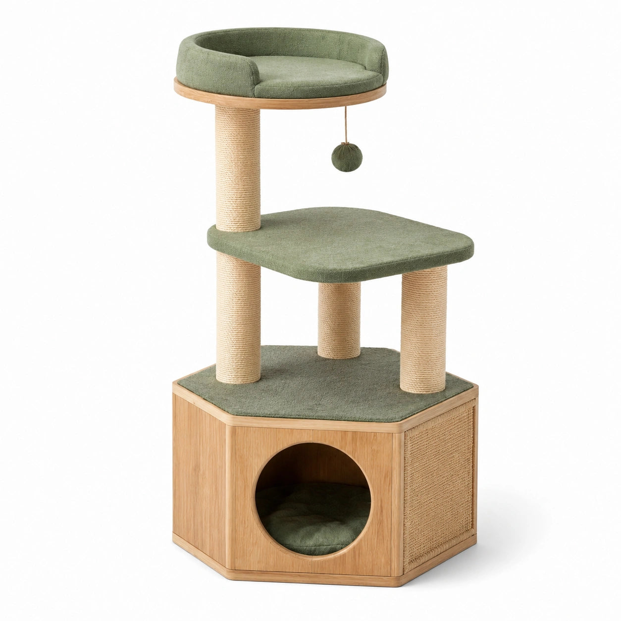 Katzenbaum aus Naturholz und Sisal mit Leinenbezug, grün